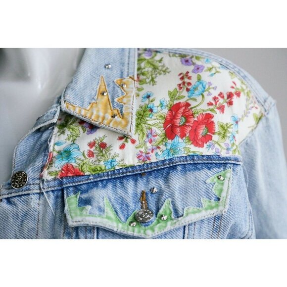 Vintage Oakoa Blue Patchwork Colourful Light Wash Denim Cropped Jacket - Picture 4 of 8